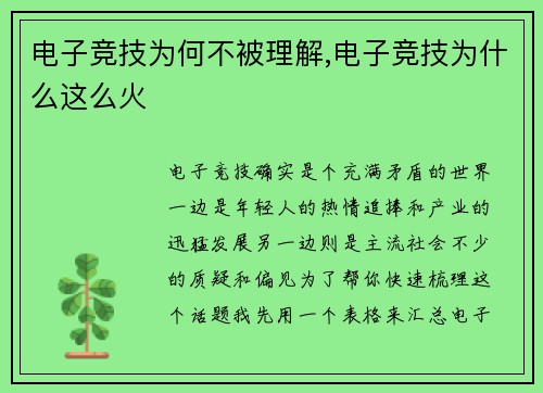 电子竞技为何不被理解,电子竞技为什么这么火